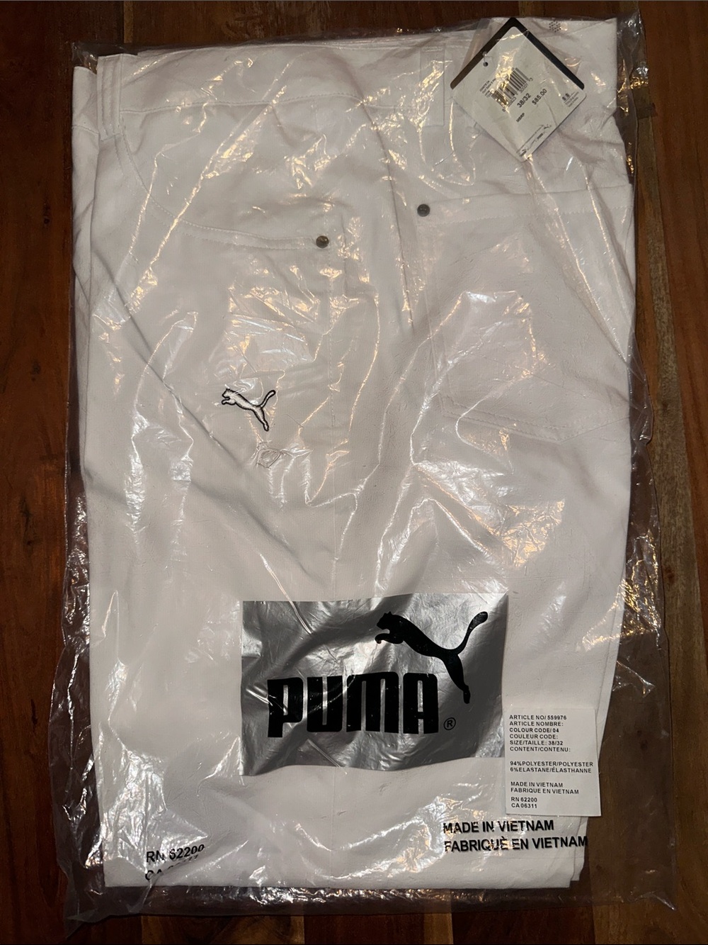 Puma White Golf Pants with Black Logo NEW 38x32